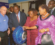 L to R: Lester Fine – Voith Turbo Trading Division, Alhajil Aliu Mahama - Ghana vice president, Esther Dapaah – minister of Lands, Forestry and Mines and Joyce Aryee – CEO of Ghana Chamber of Mines at the Voith stand WAMPEX 2008